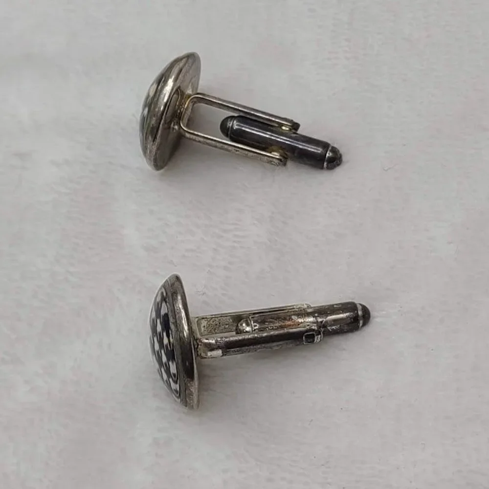 Vintage Houndstooth Pattern Round Cufflinks Black White Silver Tone - Picture 7 of 8